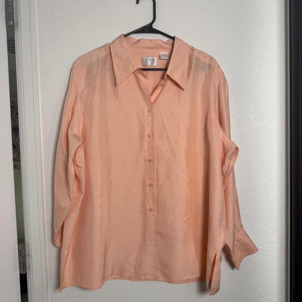 Elisabeth Petite Button Down Shirt Womens 18P Peach 100% Silk Blouse‎ Size XXL